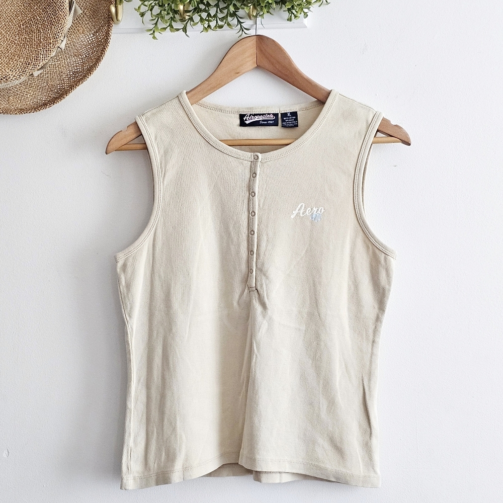 Y2K Aeropostale Vintage Tank Top Beige Henley Cotton Logo XL